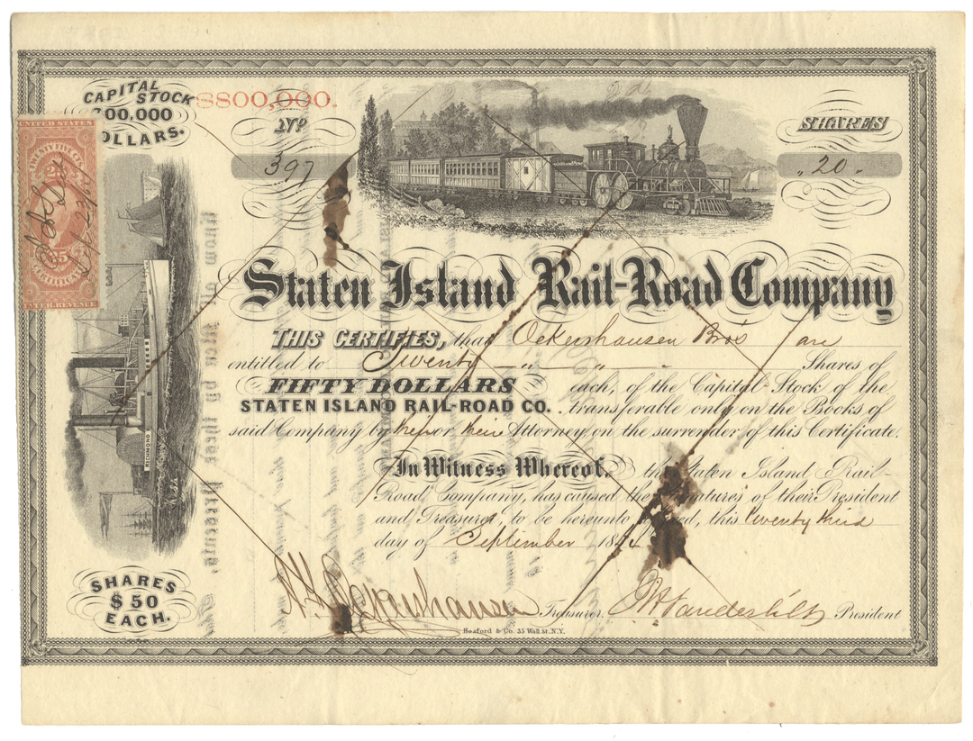 Staten Island Rail-Road Company Stock Certificate Signed by Jacob Vanderbilt