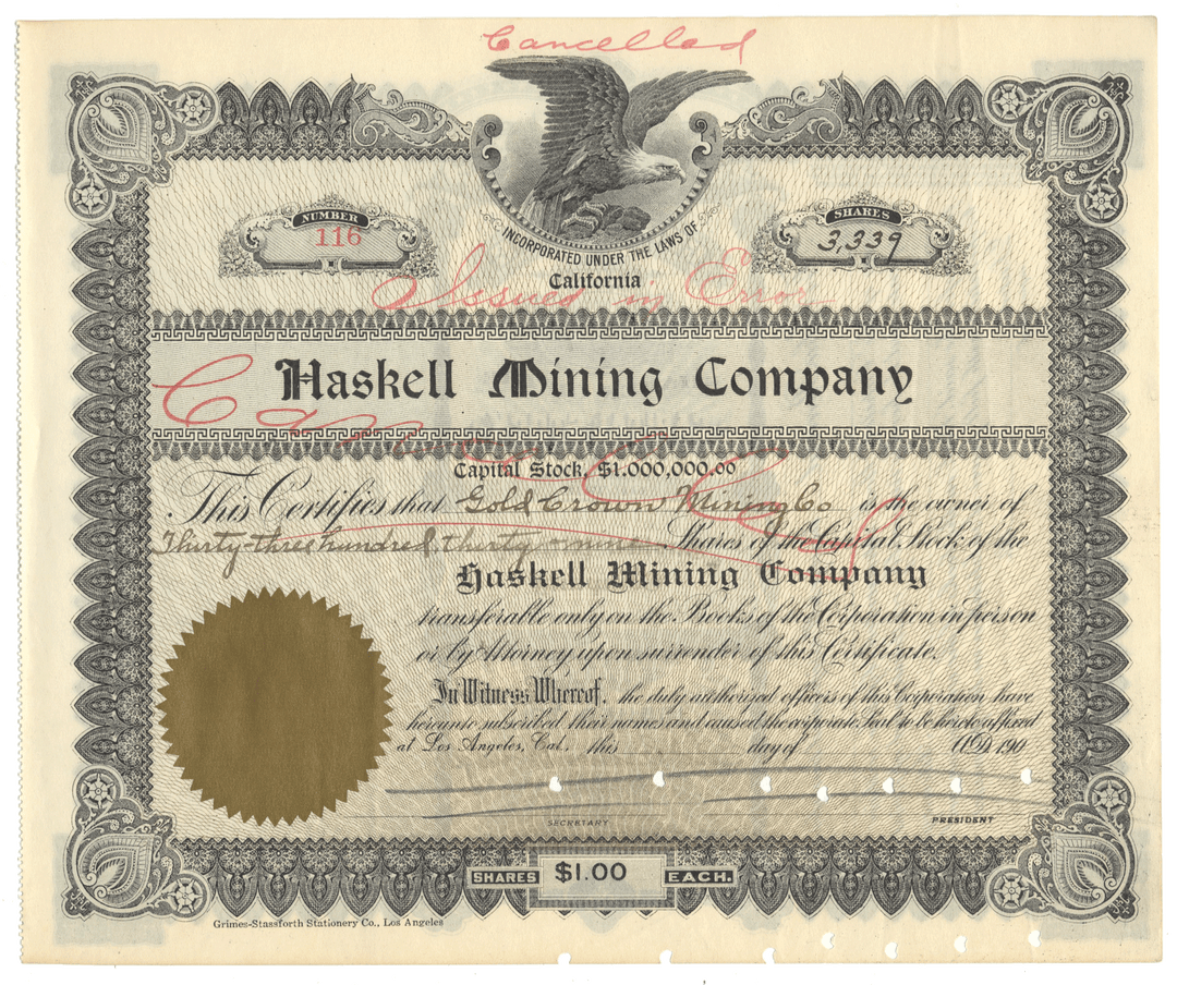 Haskell Mining Company stock certificate with decorative elements and text.
