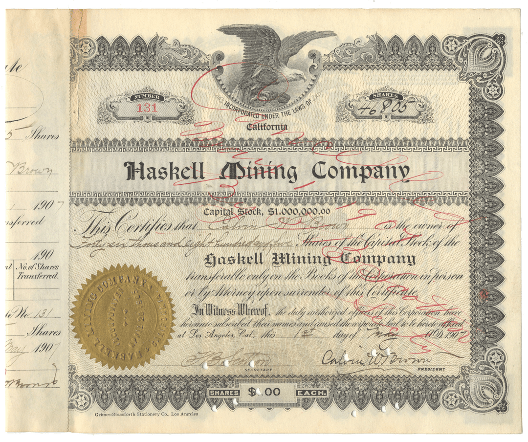 Historical stock certificate of the Haskell Mining Company with decorative elements and an eagle emblem.