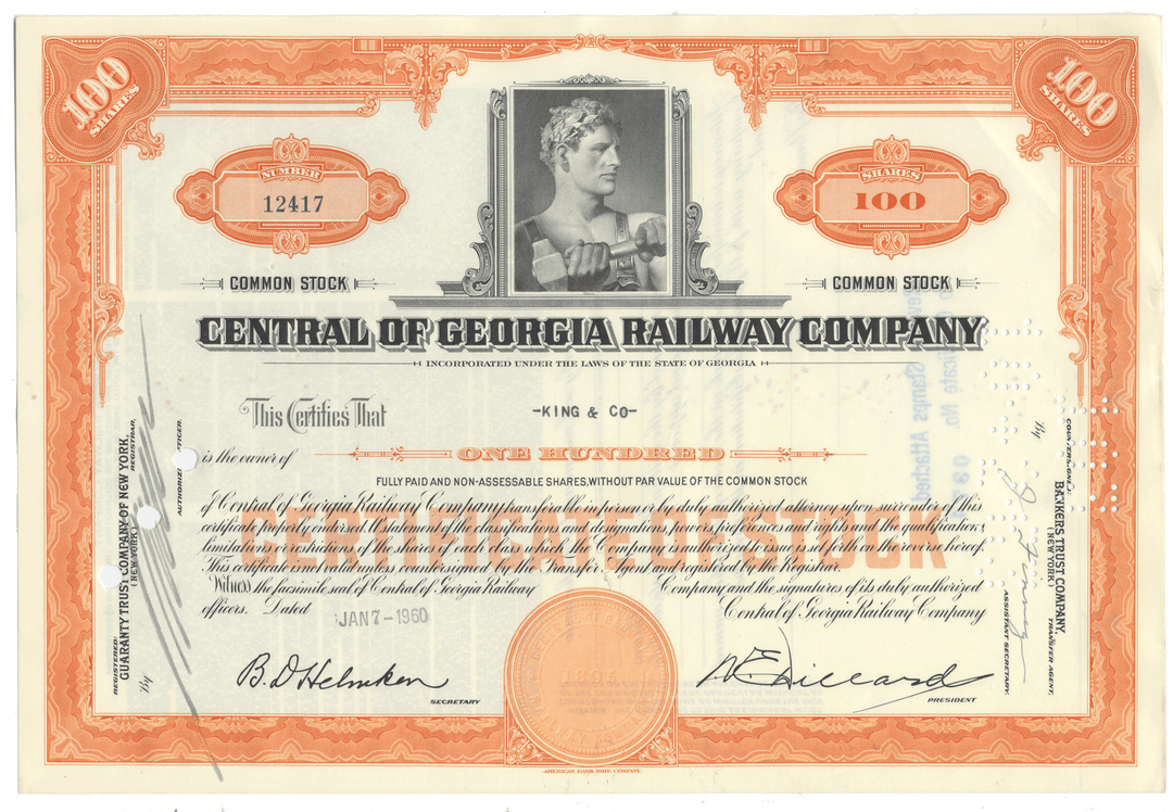 Vintage stock certificate of the Central of Georgia Railway Company with a portrait and decorative elements.