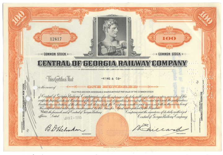 Vintage stock certificate of the Central of Georgia Railway Company with a portrait and decorative elements.