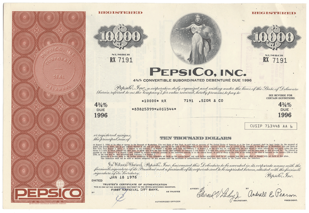 PepsiCo, Inc. bond certificate from 1978 with a nice design.