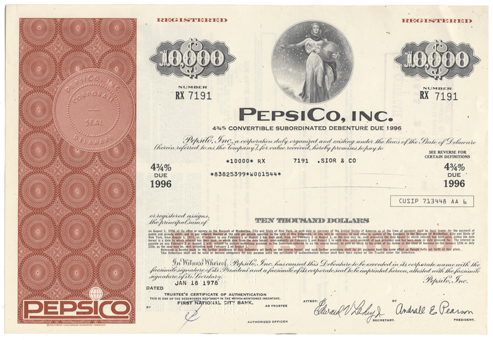 PepsiCo, Inc. bond certificate from 1978 with a nice design.