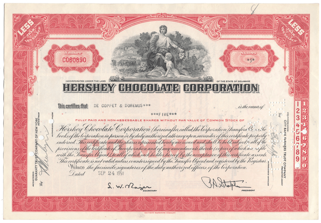 Hershey Chocolate Corporation Stock Certificate