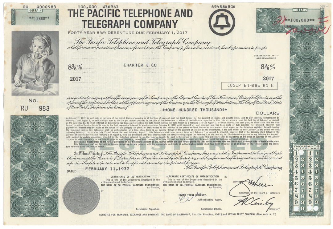 Vintage stock certificate from The Pacific Telephone and Telegraph Company with a green and white color scheme.