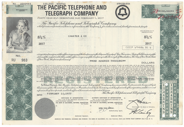 Vintage stock certificate from The Pacific Telephone and Telegraph Company with a green and white color scheme.