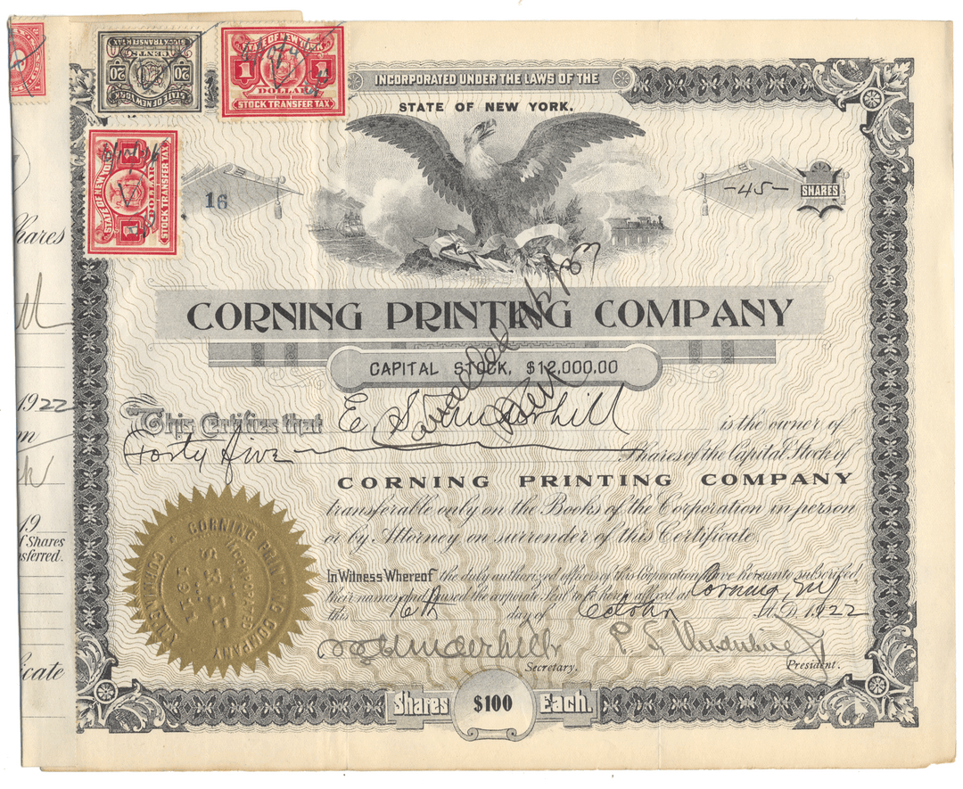 Vintage stock certificate of Corning Printing Company with an eagle emblem.
