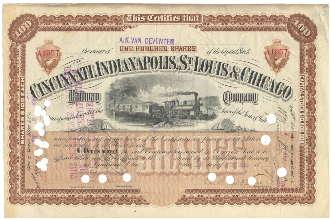 Cincinnati, Indianapolis, St. Louis & Chicago Railway Company Stock Certificate