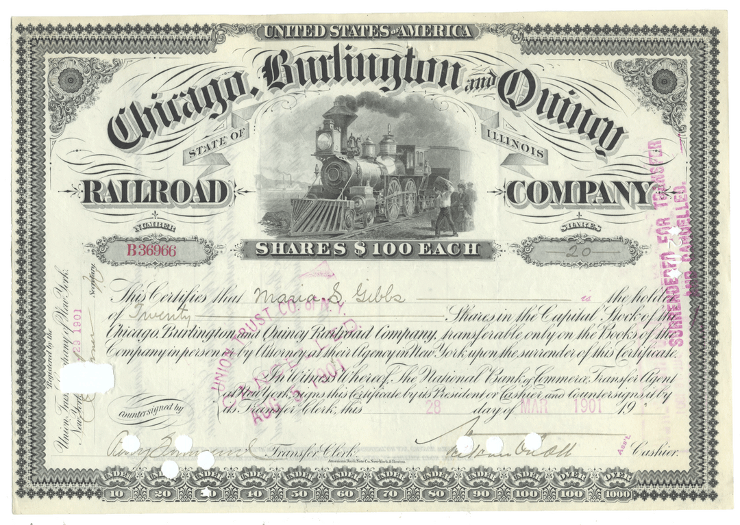 Historical stock certificate of the Chicago, Burlington and Quincy Railroad Company with a steam locomotive illustration.