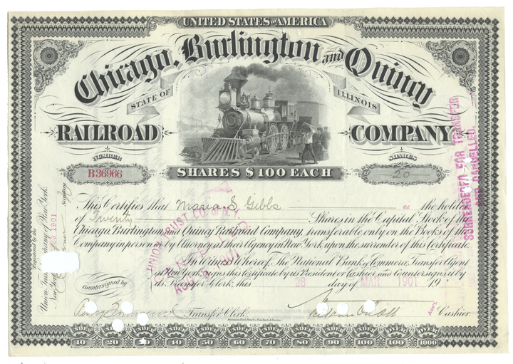 Historical stock certificate of the Chicago, Burlington and Quincy Railroad Company with a steam locomotive illustration.