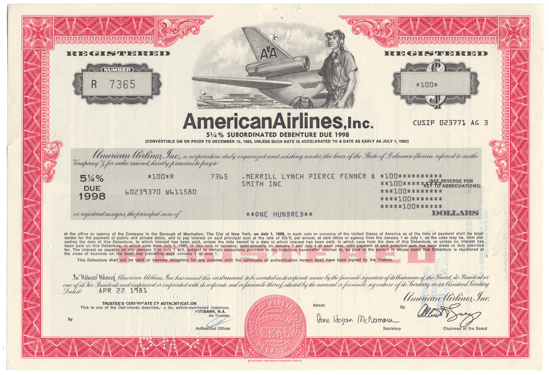 American Airlines Inc. bond certificate with airplane illustration and red border