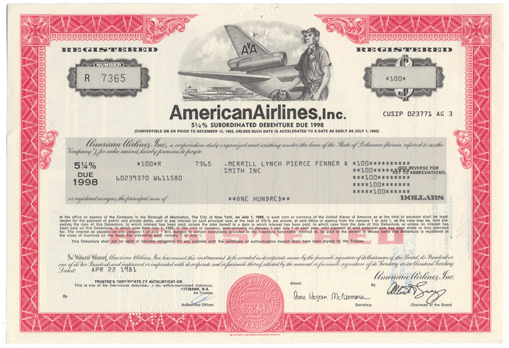 American Airlines Inc. bond certificate with airplane illustration and red border