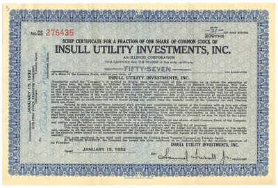 Insull Utility Investments, Inc. Stock Certificate
