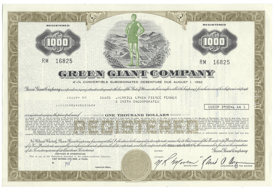 Green Giant Company Bond Certificate