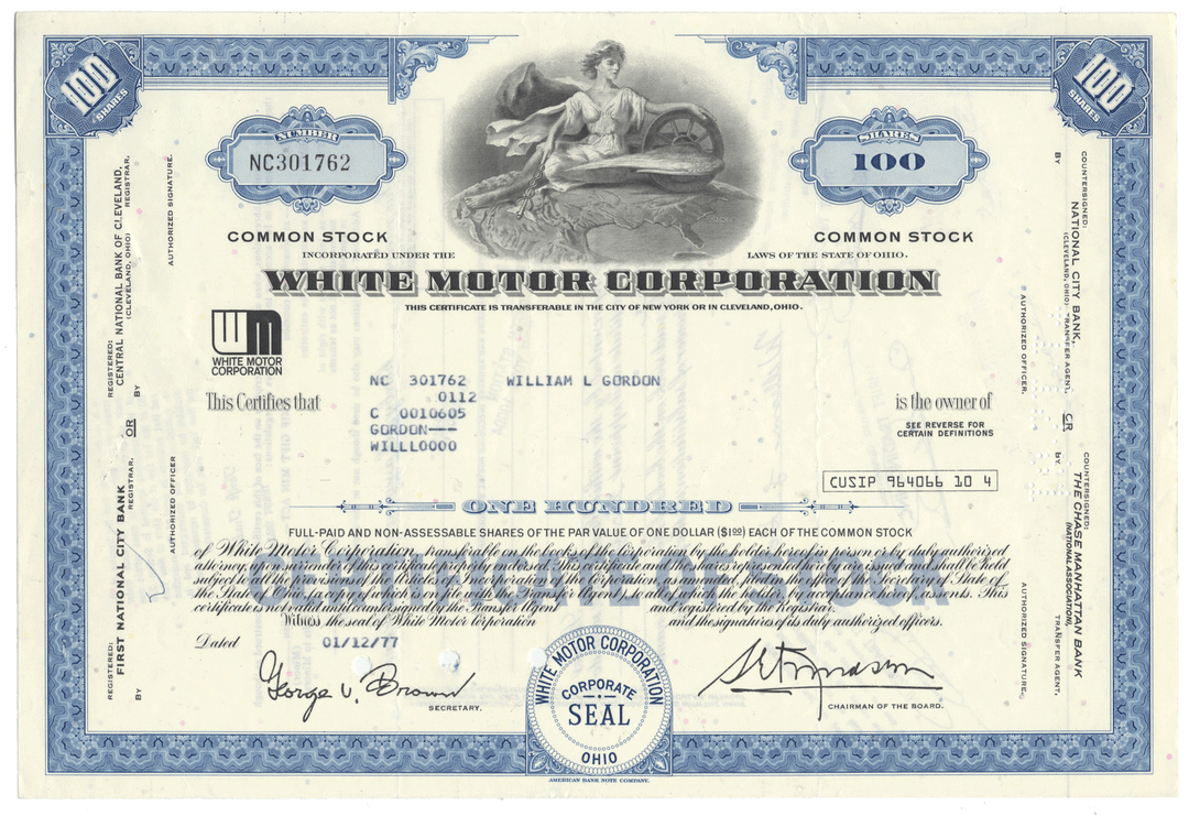 White Motor Corporation stock certificate with blue border and seal