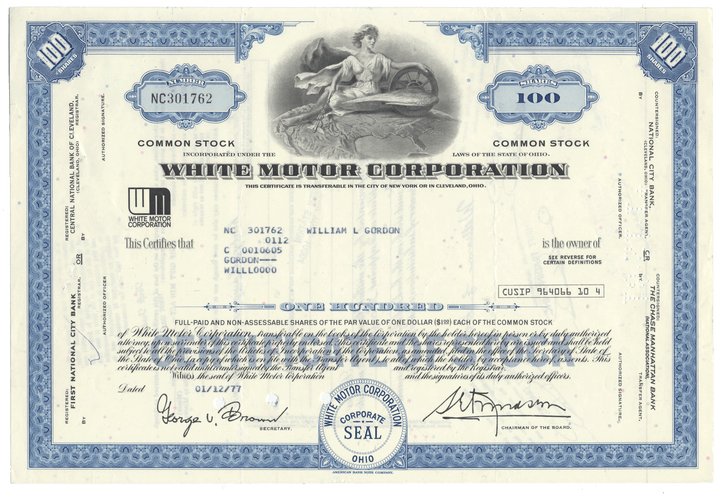 White Motor Corporation stock certificate with blue border and seal