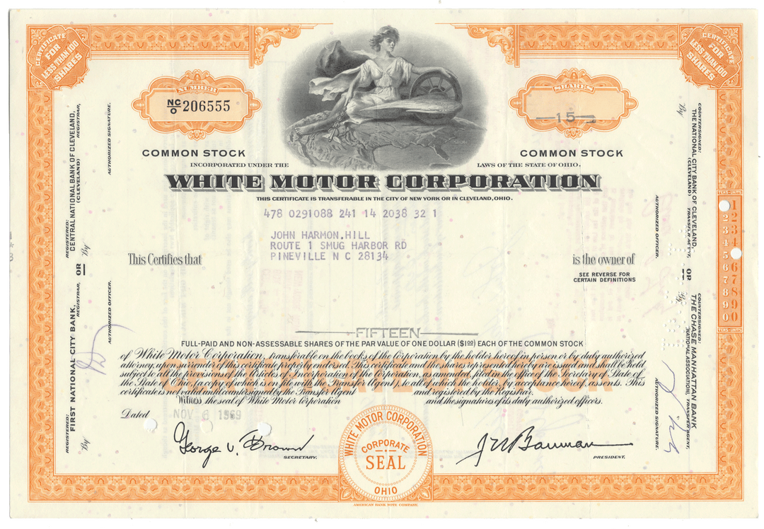 Vintage stock certificate of White Motor Corporation with decorative elements