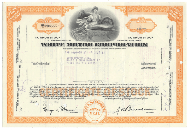 Vintage stock certificate of White Motor Corporation with decorative elements