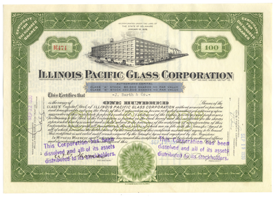 Illinois Pacific Glass Corporation Stock Certificate