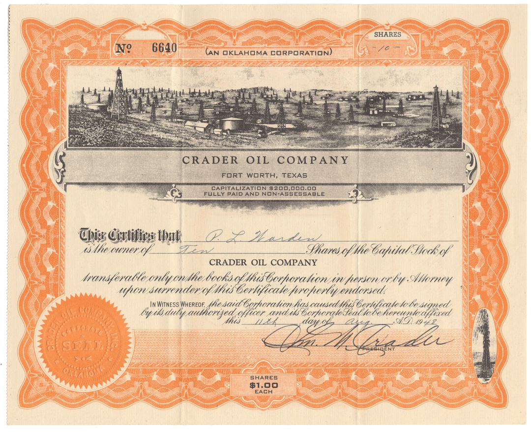 Crader Oil Company Stock Certificate