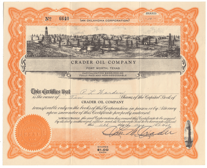 Crader Oil Company Stock Certificate