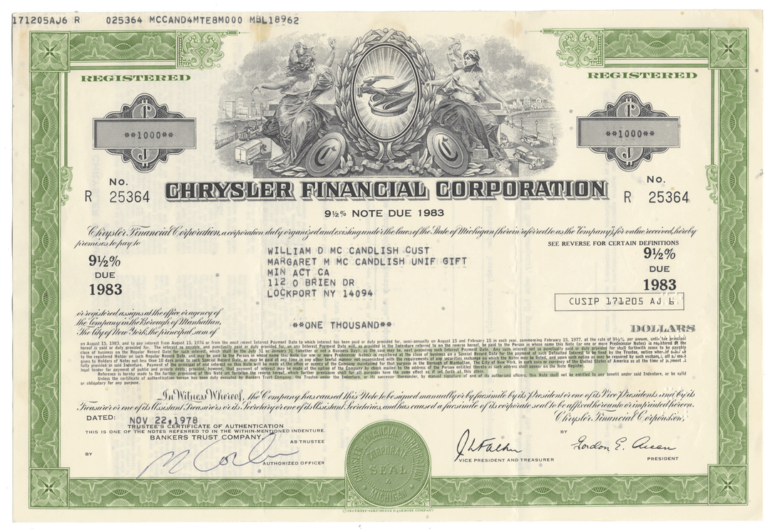 Chrysler Financial Corporation bond certificate with green border and detailed design.