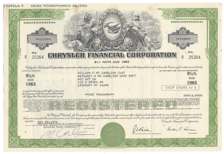 Chrysler Financial Corporation bond certificate with green border and detailed design.