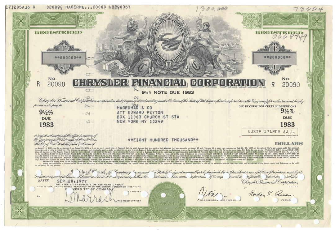 Chrysler Financial Corporation bond certificate