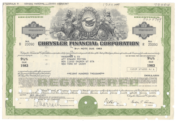Chrysler Financial Corporation bond certificate