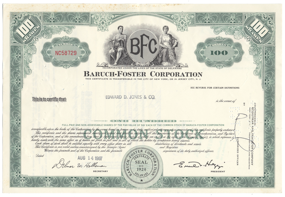 Baruch-Foster Corporation Stock Certificate