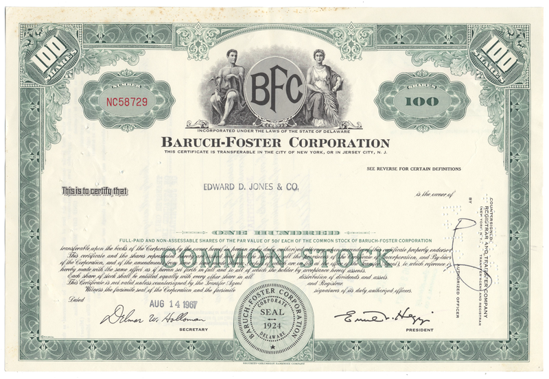Baruch-Foster Corporation Stock Certificate