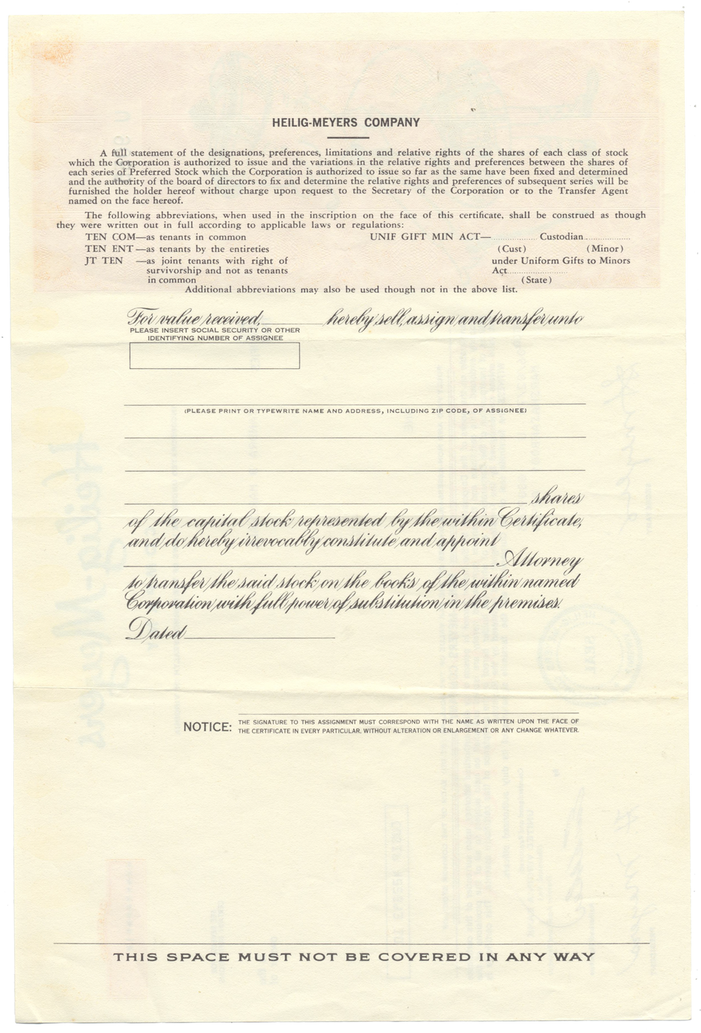 Heilig-Myers Company Stock Certificate