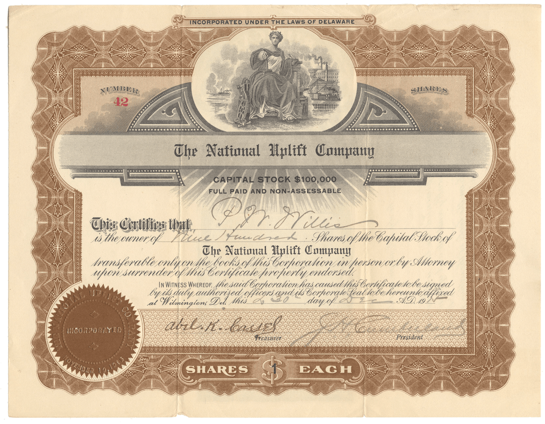 Vintage stock certificate from The National Uphill Company with decorative elements and text.