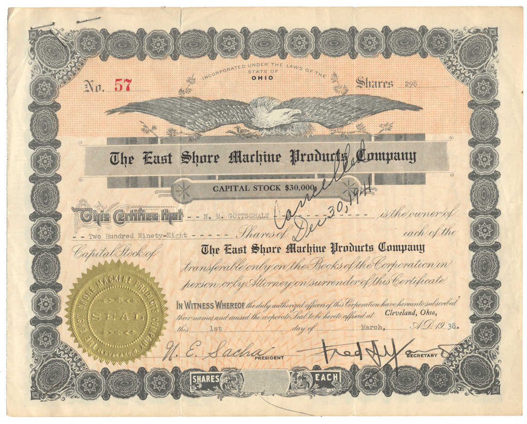 East Shore Machine Products Company Stock Certificate