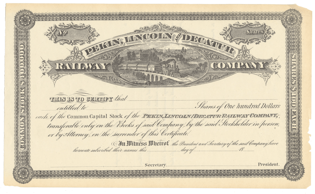 Pekin, Lincoln and Decatur Railway Company Stock Certificate