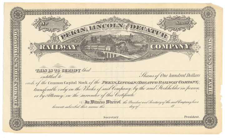 Pekin, Lincoln and Decatur Railway Company Stock Certificate