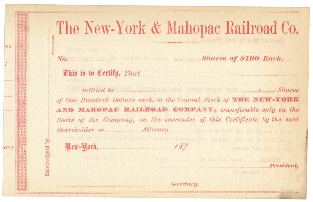 New-York and Mahopac Railroad Company Stock Certificate Stock Certificate