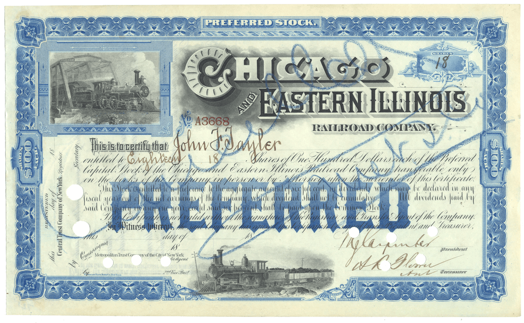 Chicago and Eastern Illinois Railroad Company Stock Certificate
