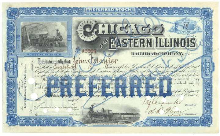 Chicago and Eastern Illinois Railroad Company Stock Certificate