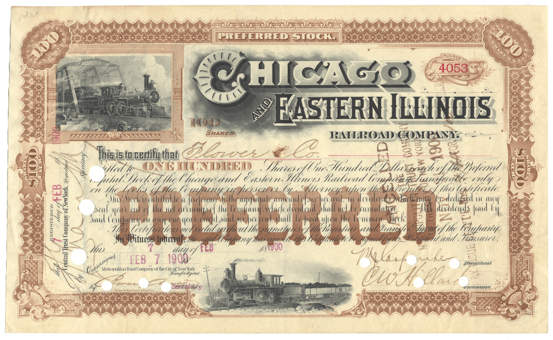 Vintage stock certificate for the Chicago and Eastern Illinois Railroad Company with train illustrations.