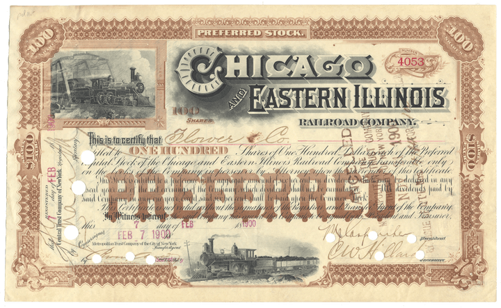 Vintage stock certificate for the Chicago and Eastern Illinois Railroad Company with train illustrations.