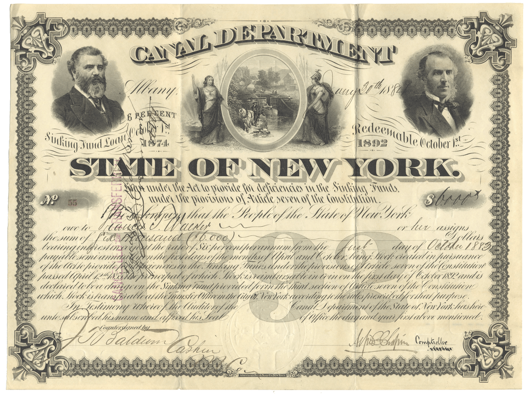 Historical document from the Canal Department of the State of New York with portraits and text.