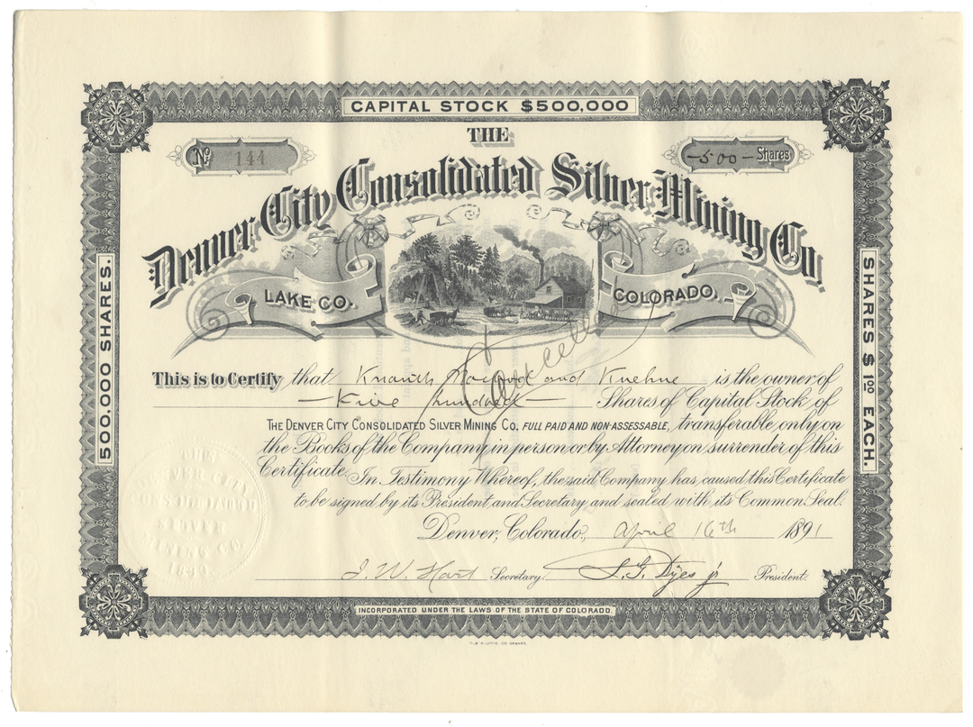 Vintage stock certificate for Denver City Consolidated Silver Mining Co.