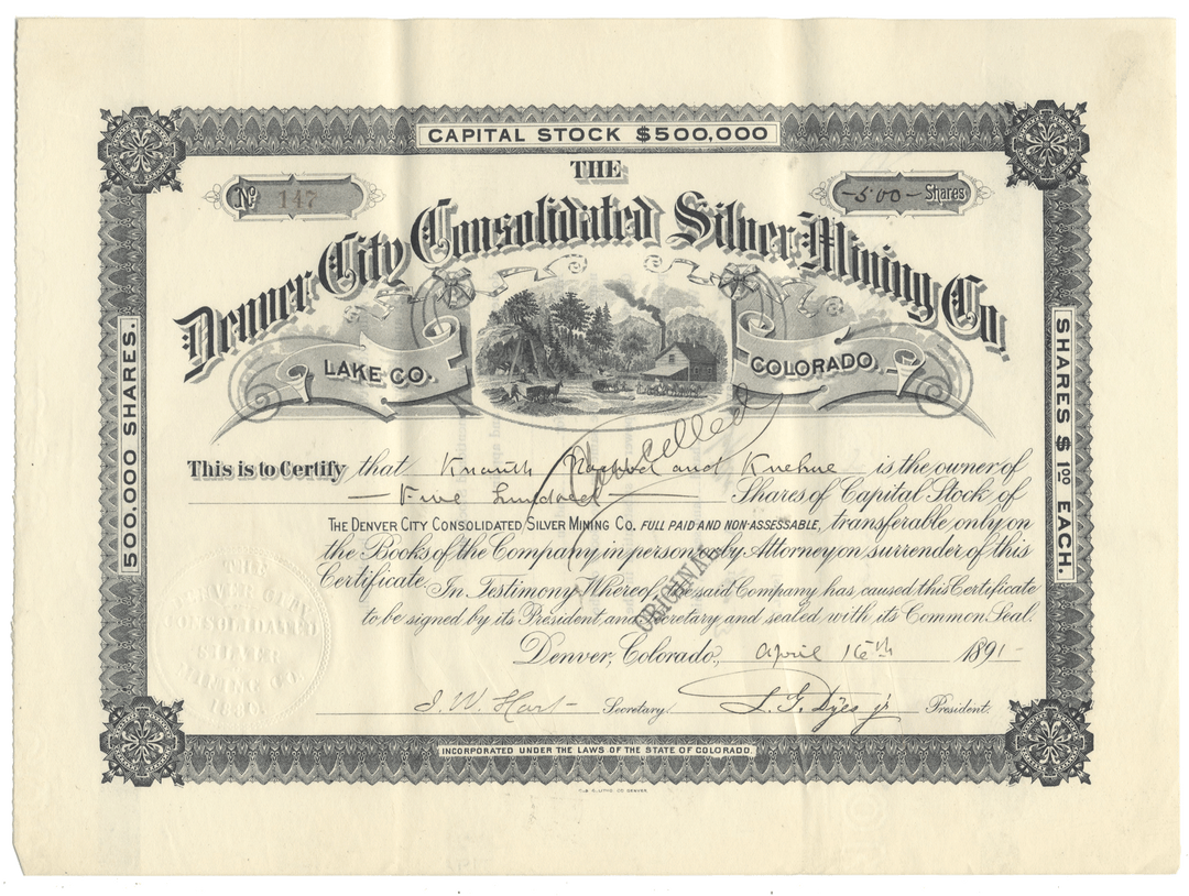 Vintage stock certificate for the Denver City Consolidated Silver Mining Co.