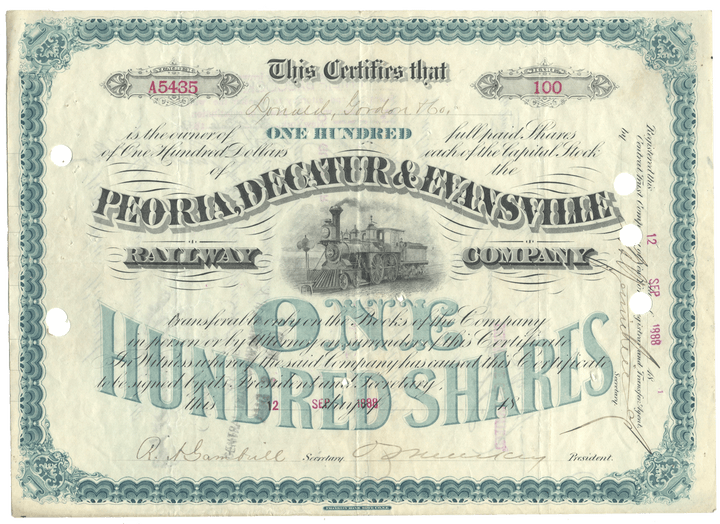 Peoria, Decatur & Evansville Railway Company Stock Certificate