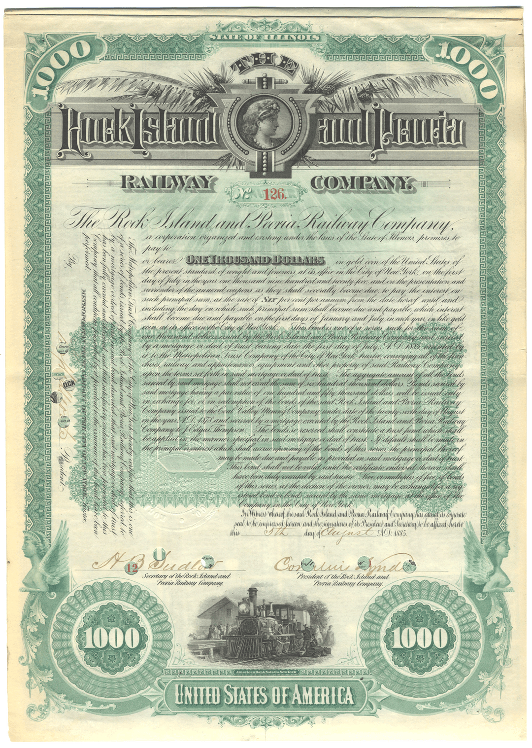 Rock Island and Peoria Railway Company Bond Certificate