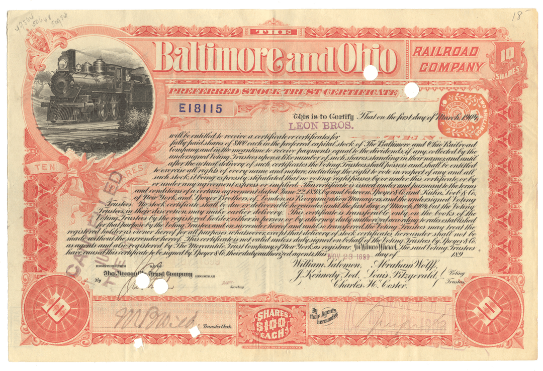 Vintage stock certificate for Baltimore and Ohio Railroad Company with train illustration.