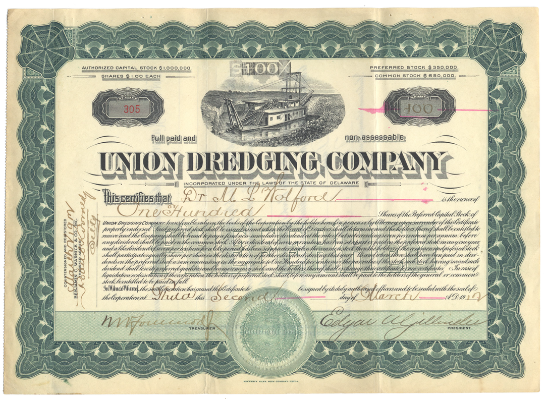 Union Dredging Company Stock Certificate