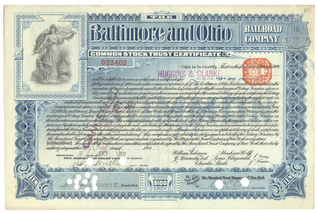Vintage stock certificate from Baltimore and Ohio Railroad Company with decorative elements.