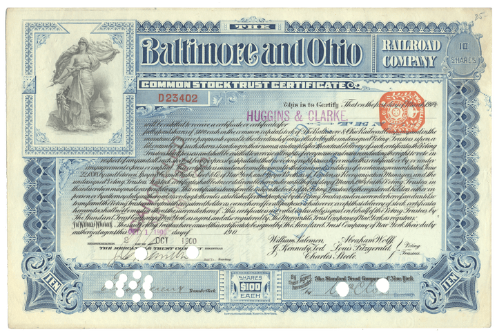 Vintage stock certificate from Baltimore and Ohio Railroad Company with decorative elements.